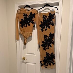 Jluxlabel Tan and Black Floral Bodysuit and Skirt Set
